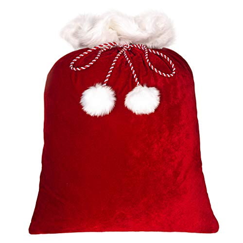 Haute Decor Deluxe Red and White Christmas Decor Santa Bag Sack with White Fur Cuff and Red Plush Polyester and Drawstring (42 inch x 32 inch)