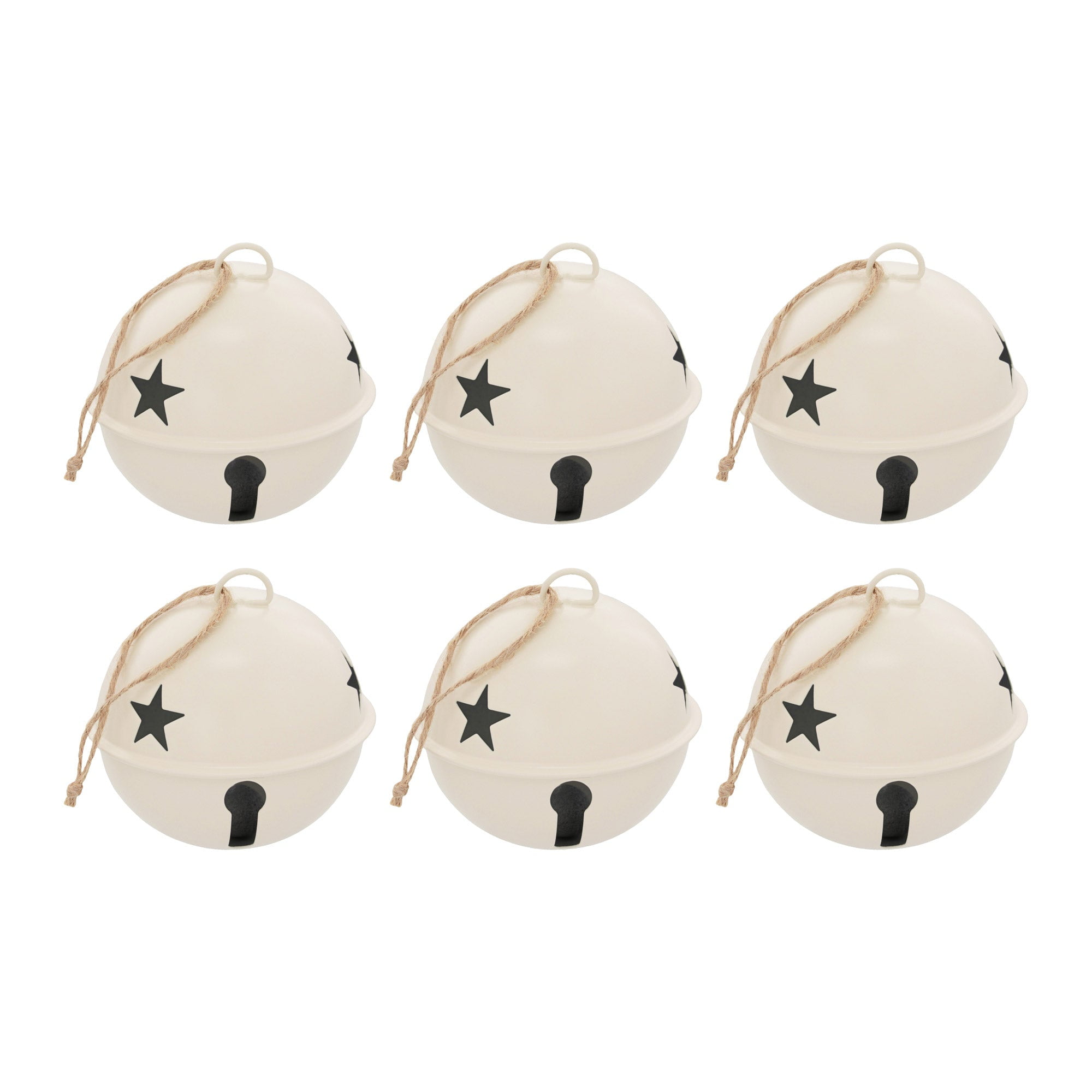 Ivory Metal Jingle Bell Ornaments with Star Cutouts, Set of 6