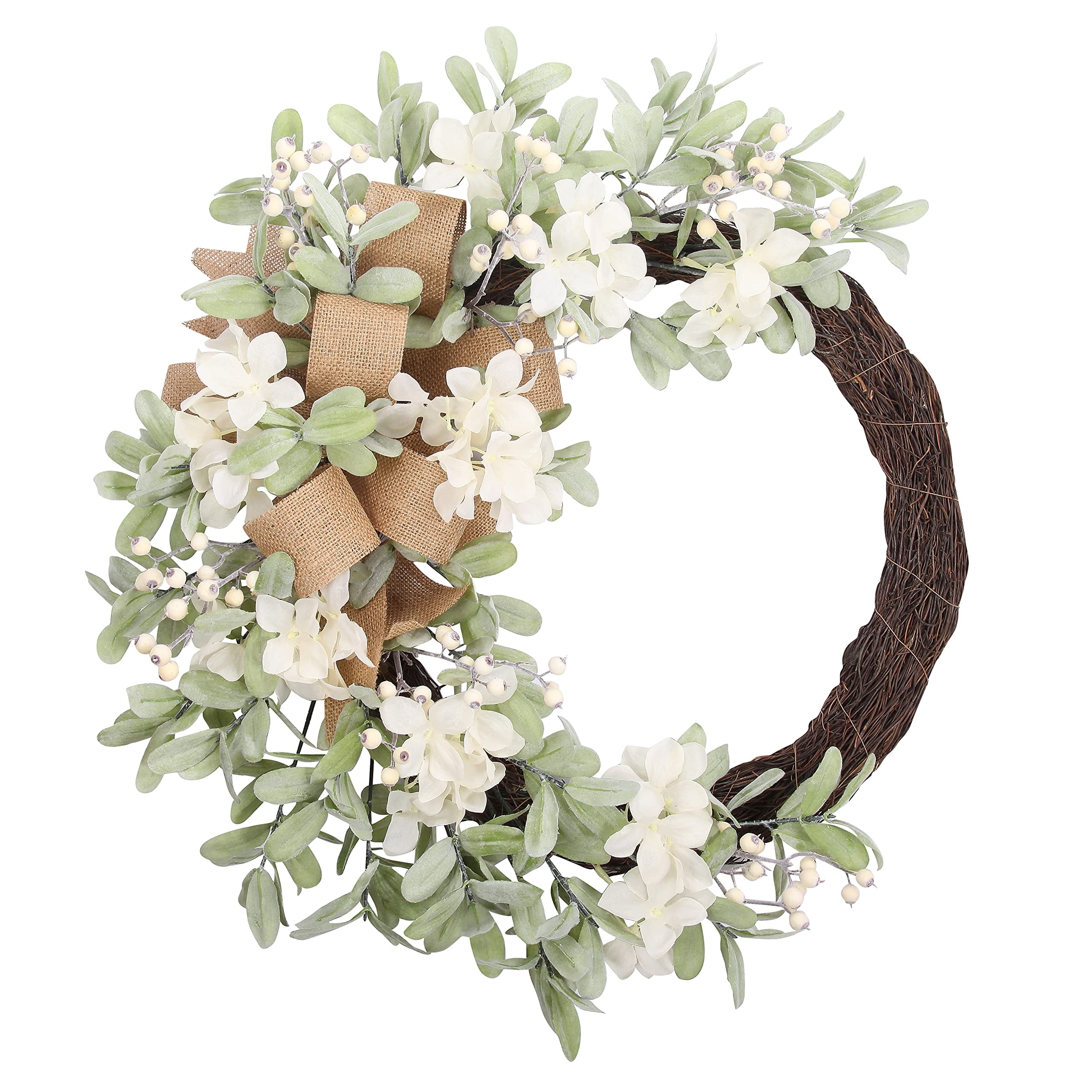 Crescent Grapevine Hydrangea Wreath with Burlap Bow - 28''