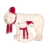 Haute Decor Mama and Baby Polar Bear Set of 2 Easy Setup Outdoor Lighted Christmas Yard Decor with 50 Warm White LED Lights and Classic Red and White Hat and Scarf