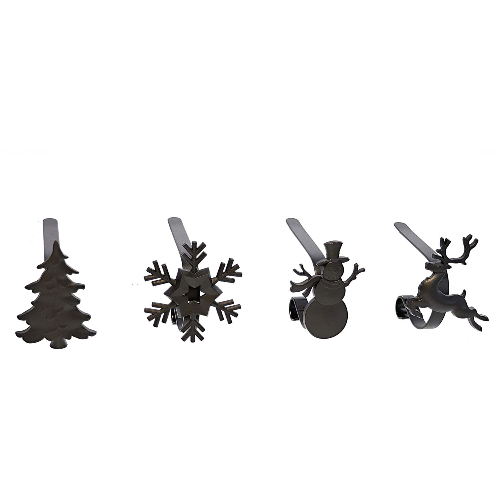 Matte Black Metal MantleClip Stocking Holders with Holiday Icons, 4-Pack