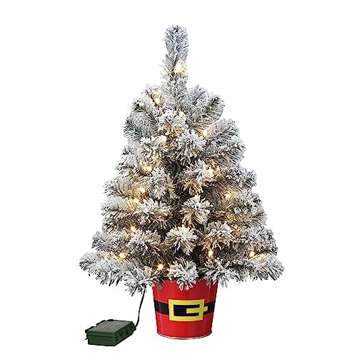 Haute Decor 20 Inch Potted Night Night Tree in Red Metal Santa Belt Pot (Snowy Flocked with Clear Lights) - Night Light Christmas Tree