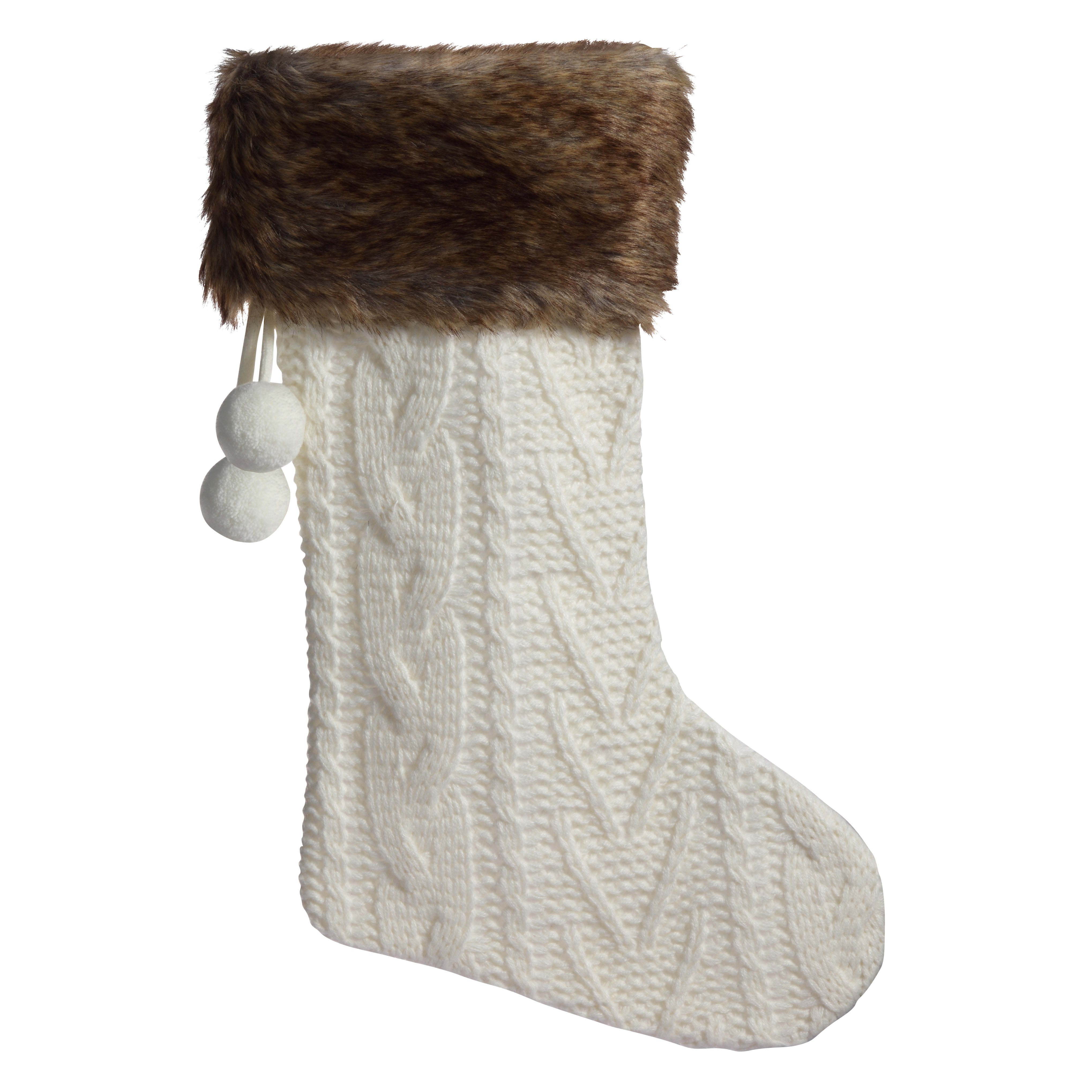 20-Inch Off-White Knit Christmas Stocking with Brown Faux Fur Cuff