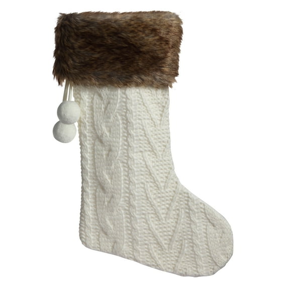 Haute Decor Off-White Knit HangRight® Stocking with Brown Fur Cuff and Pom Poms, 20 inches