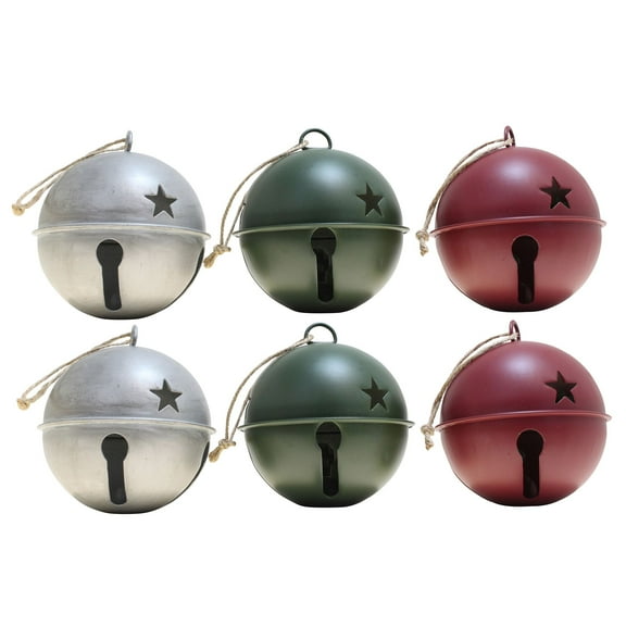 Haute Decor Red, Green, Gray Metal Jingle Bell Ball Ornaments, 3.35 inch diameter, 6 Count - 2 of each color