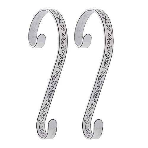 Haute Decor Stocking Scrolls Stocking Hanger - 2 Pack (Embossed Holly Whitewash) - Metal Christmas Stocking Holder Hook for Various Mantel Sizes