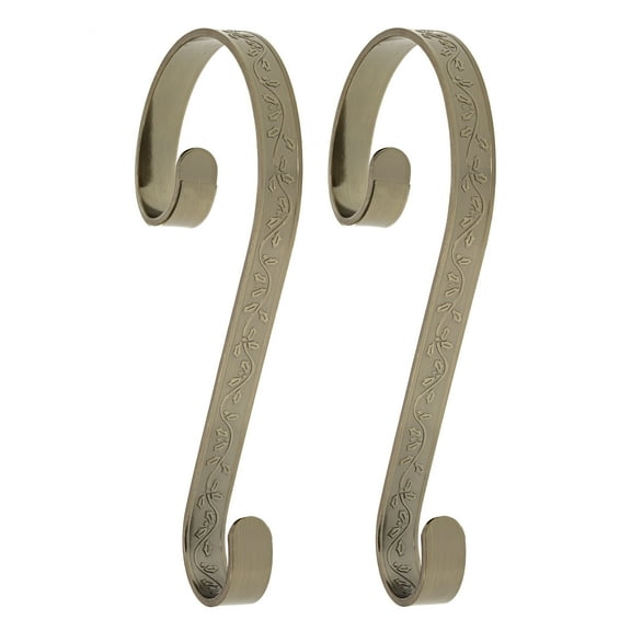 Haute Decor, Stocking Scrolls Stocking Hanger, 2-Pack, Holly-Embossed, Antique Brass