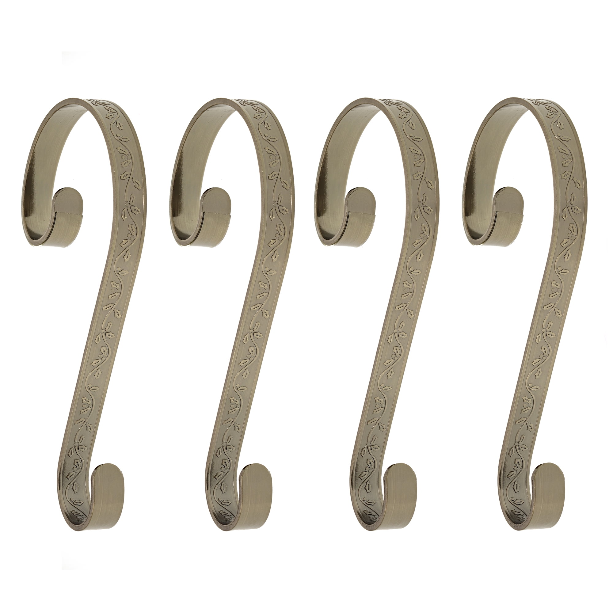 Antique Brass Embossed Holly Stocking Holders, 4 Pack