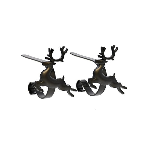 Haute Decor The Original MantleClip® Stocking Holder with Removable Metal Holiday Icons, 2 Pack - Matte Black Reindeer
