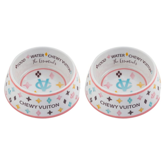 Haute Diggity Dog White Chewy Vuiton Dog Food & Water Bowls for Small Dogs, Food Grade BPA Free, Non-Skid & Dishwasher Safe, Size Medium, Set of 2