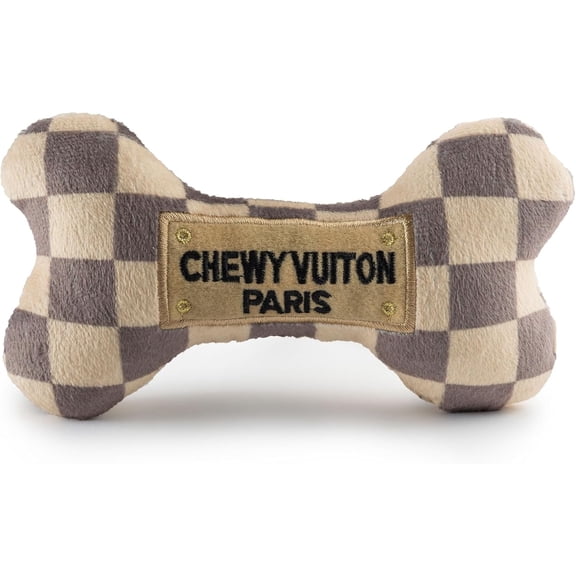 Haute Diggity Dog Chewy Vuiton Plush Squeaky Bone Dog Toy, Tan Checker, Large