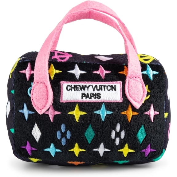 Haute Diggity Dog Chewy Vuiton Plush Squeaky Handbag Dog Toy, Black Monogram, Small
