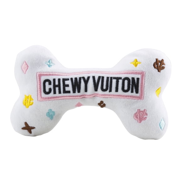 Haute Diggity Dog Chewy Vuiton Bone Plush Squeaky Dog Toy, Soft Durable Designer-Inspired Stuffed Puppy Chew Toys for Small Medium Dogs, Machine-Washable (White) Large