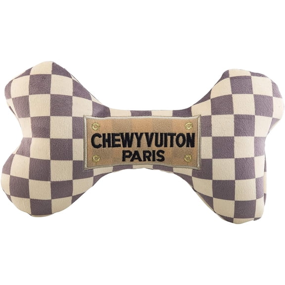 Haute Diggity Dog Checker Chewy Vuiton Bone, Plush Dog Toy with Squeaker, Machine-Washable, for All Breeds, Size Extra Large