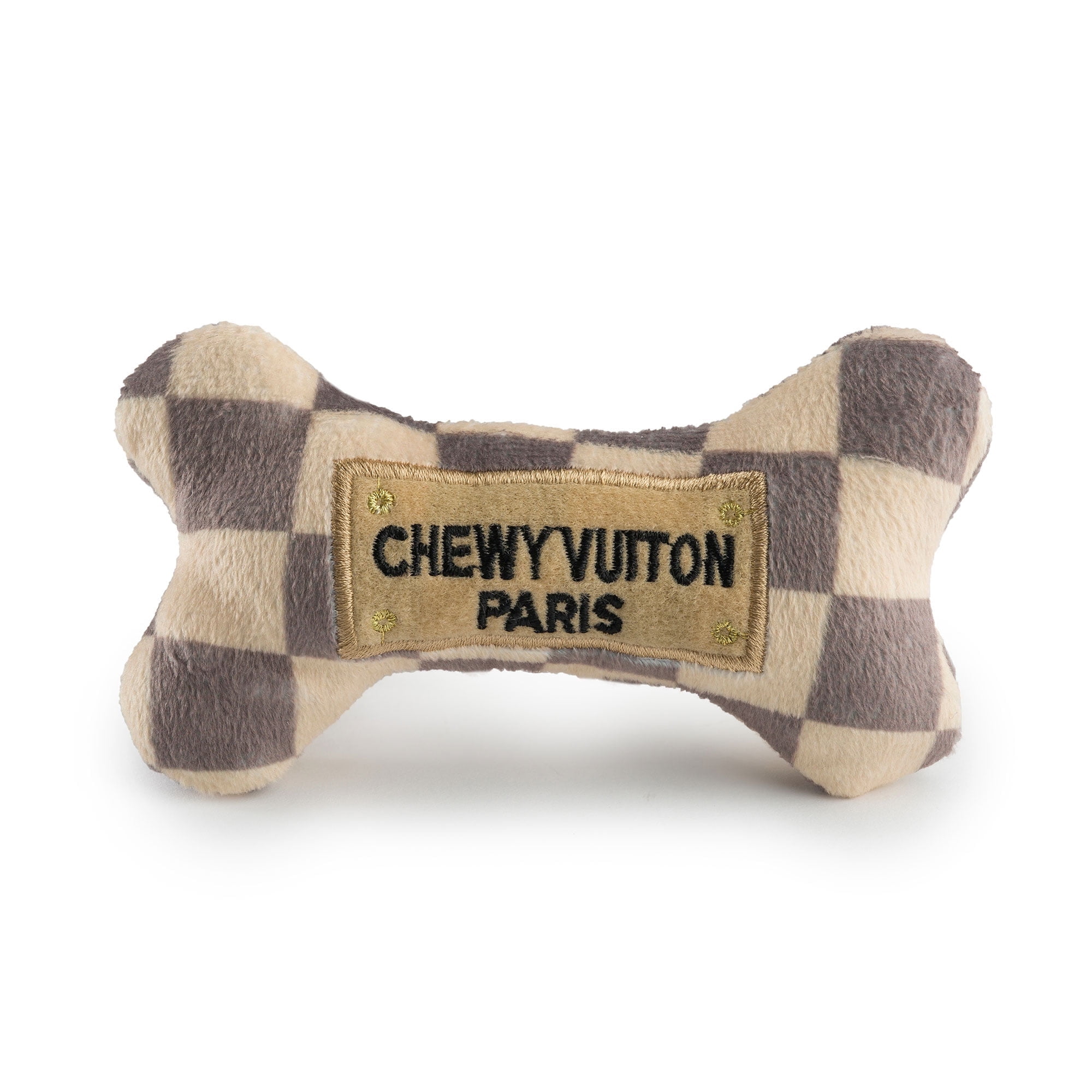 Haute Diggity Dog Chewy Vuiton Bone Plush Squeaky Dog Toy, Soft Durable Designer-Inspired Stuffed Puppy Chew Toys for Small Medium Dogs, Machine-Washable (Tan Checker) Small