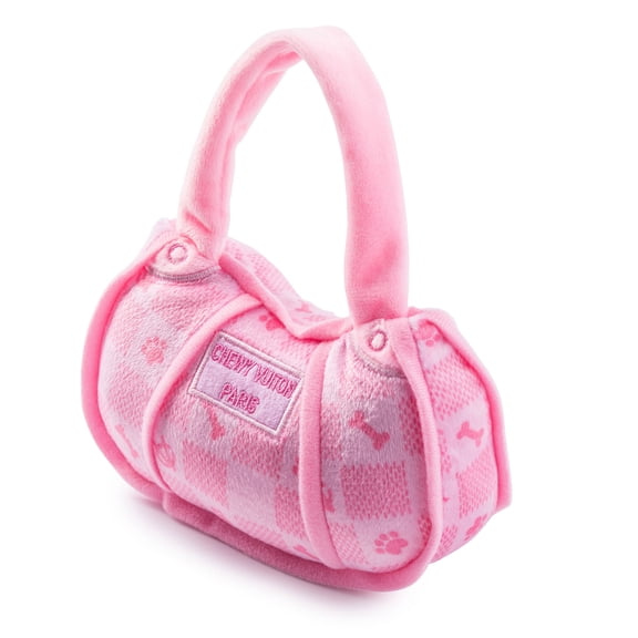 Haute Diggity Dog Pink Checker Chewy Vuiton Handbag, Plush Dog Toy with Squeaker, Machine-Washable, for All Breeds, Size Small