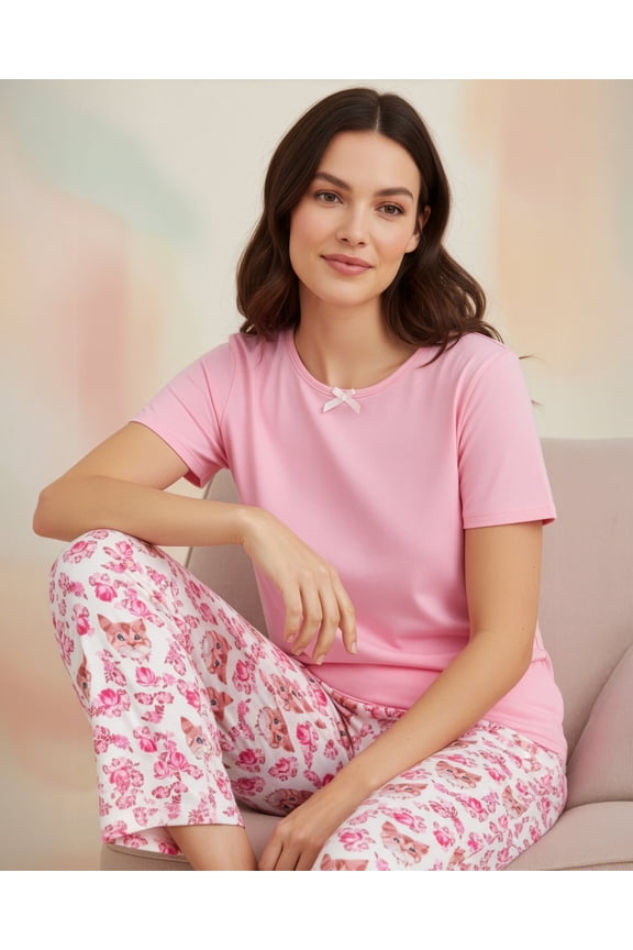 Women's and Women's Plus Cat Lover Capri Pajama Set, Crew Neck Sleepwear Loungewear Set, 2-Piece, Sizes M-XXL, Generous Plus Size [Haute Dreamz]