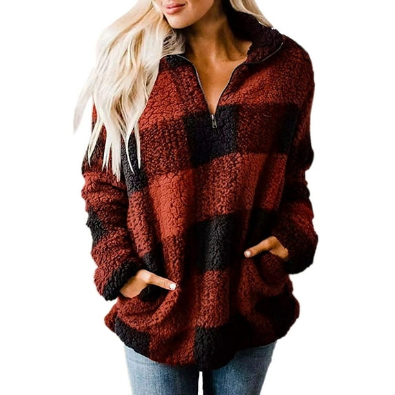 Haute Edition Women's 1/4 Zip Buffalo Plaid Sherpa Sweatshirt