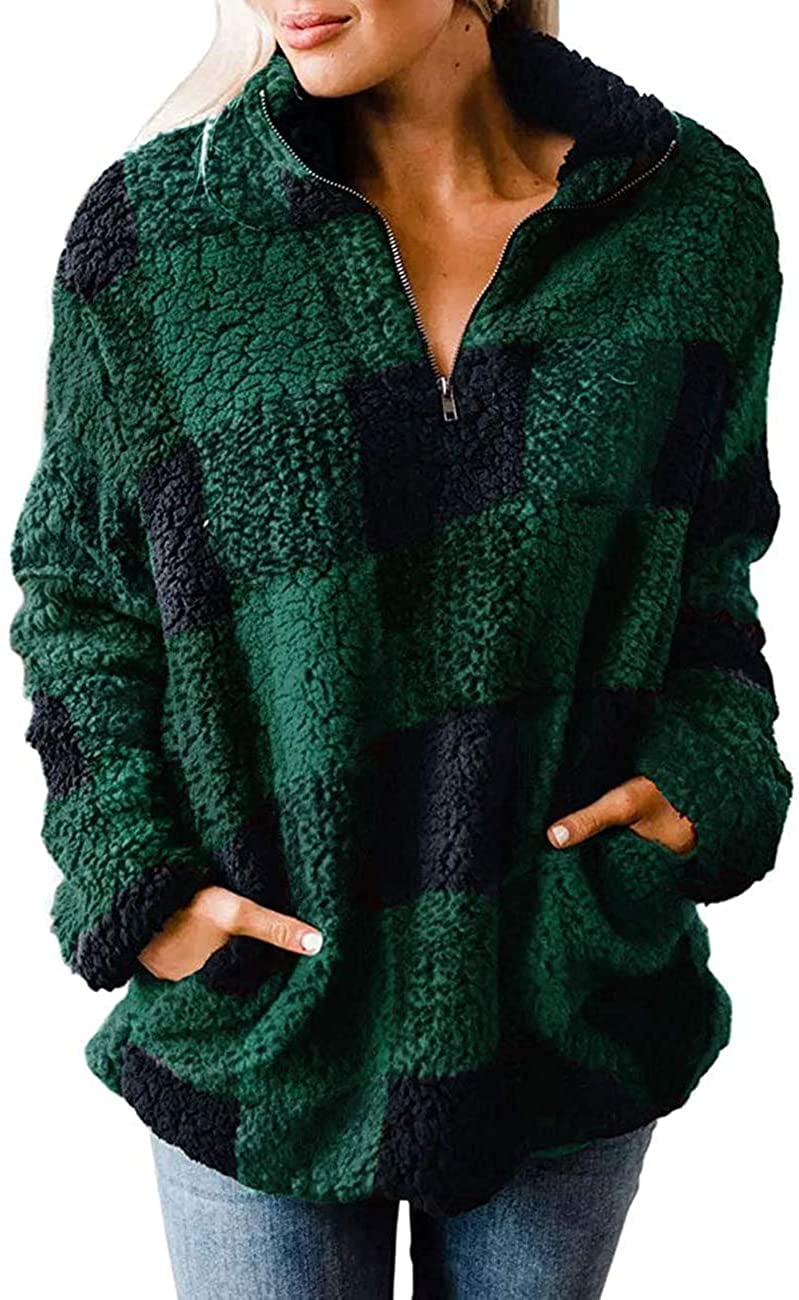 Haute Edition Women s 1 4 Zip Buffalo Plaid Sherpa Sweatshirt Walmart