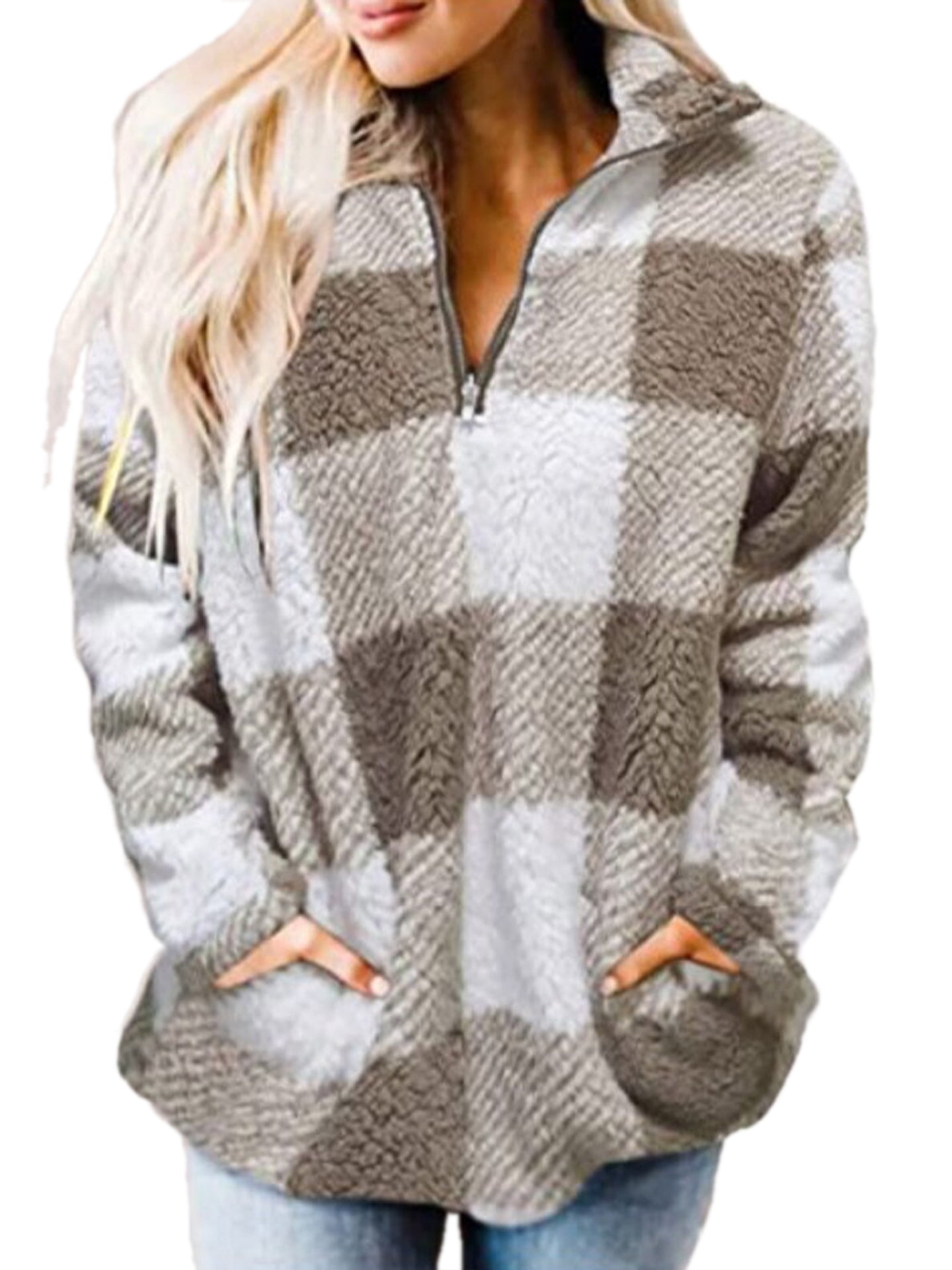 Haute Edition Women s 1 4 Zip Buffalo Plaid Sherpa Sweatshirt