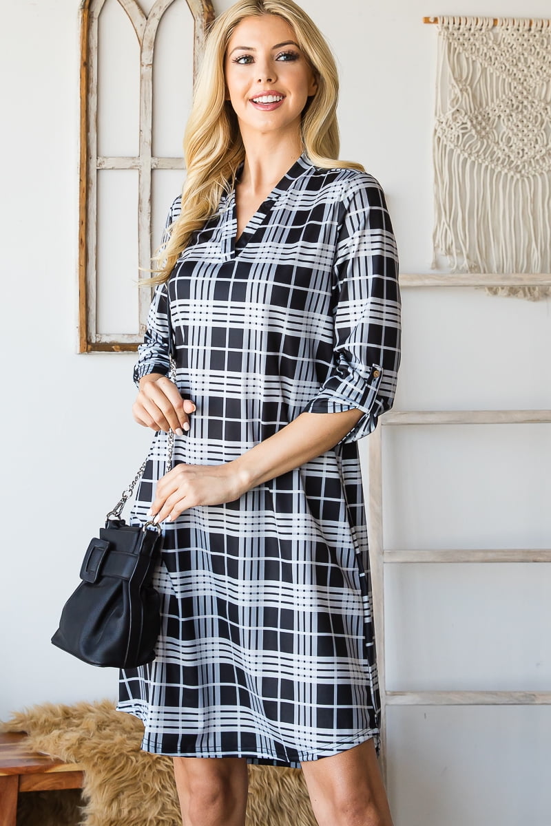 Hotian Women Plaid Shirt Dress with Belt Button Through Checkered