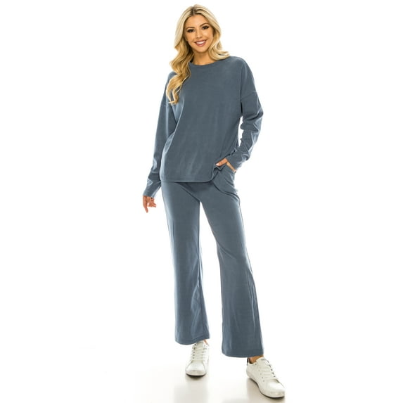 Haute Edition Women's Knit Lounge Set with Sweatshirt and Flared Pant