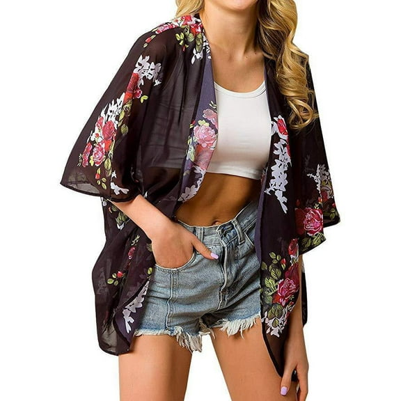 Haute Edition Women's Black 458 Floral Kimono Swimwear Coverup, Size L