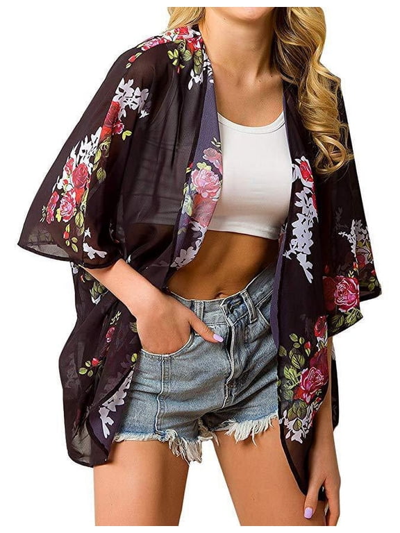 Women's Black 458 Floral Kimono Swimwear Coverup, Size L