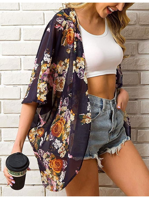 Women's Lightweight Summer Kimono Cardigan Cover Up in Leopard and Floral
