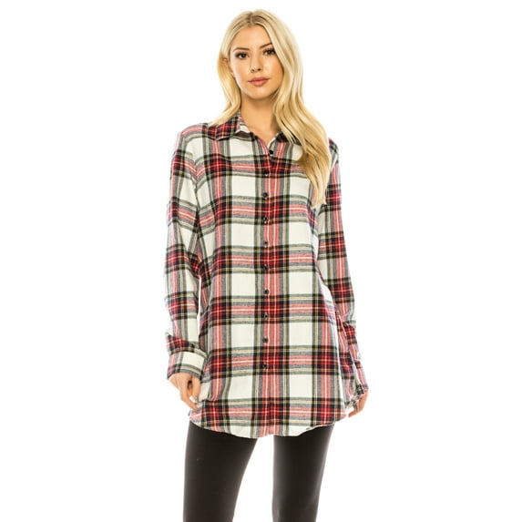 Haute Edition Women's Long Button Down Flannel Tunic Shirt with Plus
