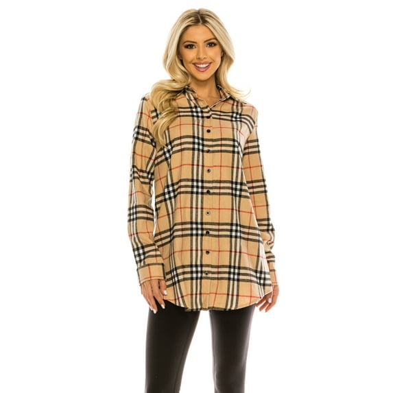 Haute Edition Women's Long Button Down Flannel Tunic Shirt with Plus