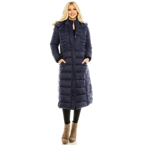 Haute Edition Women's Maxi Length Quilted Puffer with Faux Fur Lined Hood