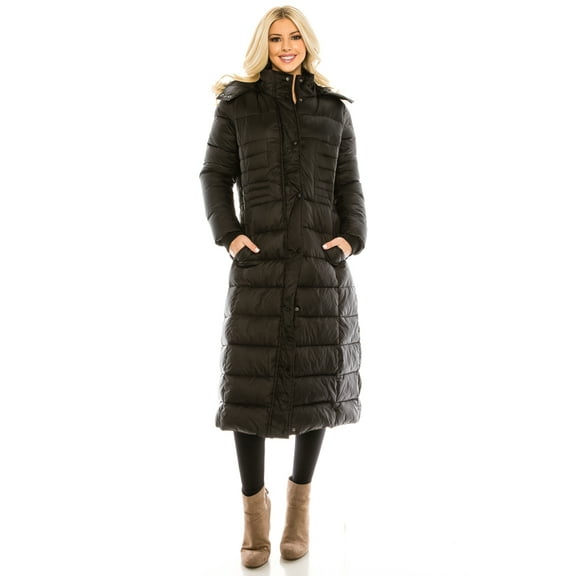 Haute Edition Women's Maxi Length Quilted Puffer with Faux Fur Lined Hood