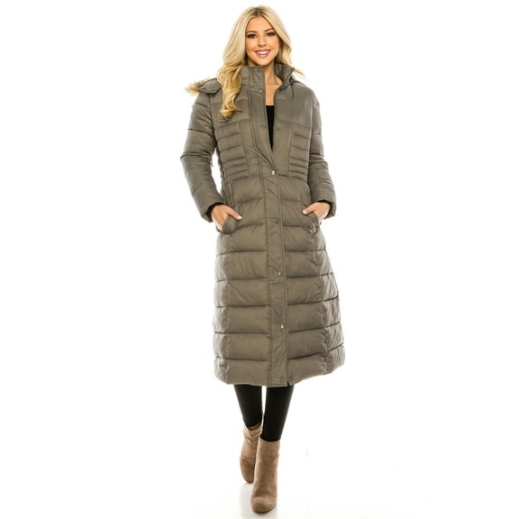 Haute Edition Women's Maxi Length Quilted Puffer with Faux Fur Lined Hood