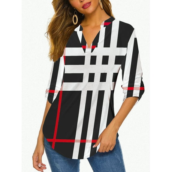 Haute Edition Women's Pattern and Solid 3/4 Roll Tab Sleeve Tunic Blouse Top