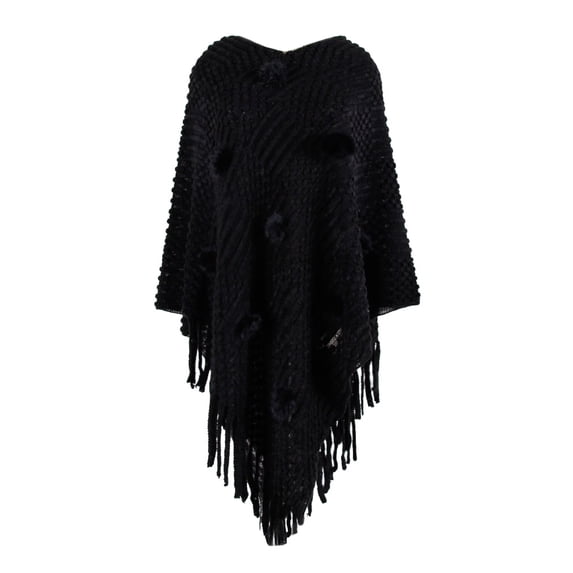 Haute Edition Women's Solid Fringed Sweater Poncho with Pom Poms. One size fits all (S-XL)