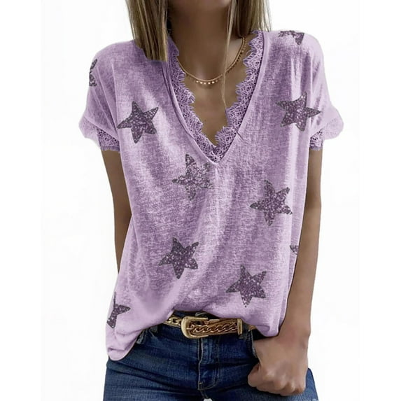 Haute Edition Women's Star Printed V-Neck Lace Trim Tee
