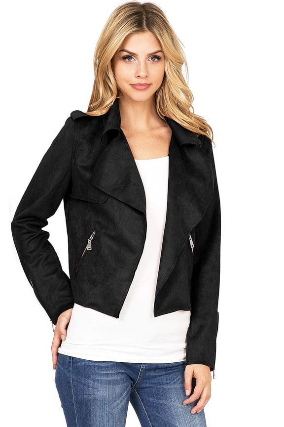 Women's Juniors Casual Faux Suede Moto Jacket (Black, Small)
