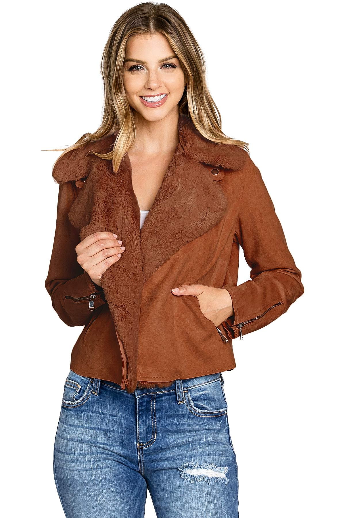 Haute Monde Women's Juniors Casual Faux Suede Moto Jacket (Fur