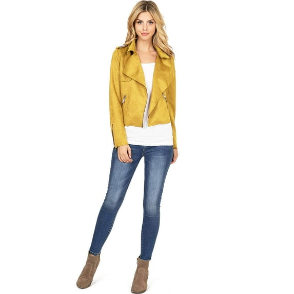 Haute Monde Women's Juniors Casual Faux Suede Moto Jacket (Mustard, Small)