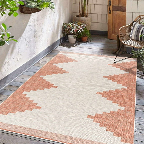 Hauteloom Ababuo Living Room, Bedroom Patio Outdoor Area Rug - Farmhouse - Rose Cream, Clay, Light Brown - 6'7" x 9'