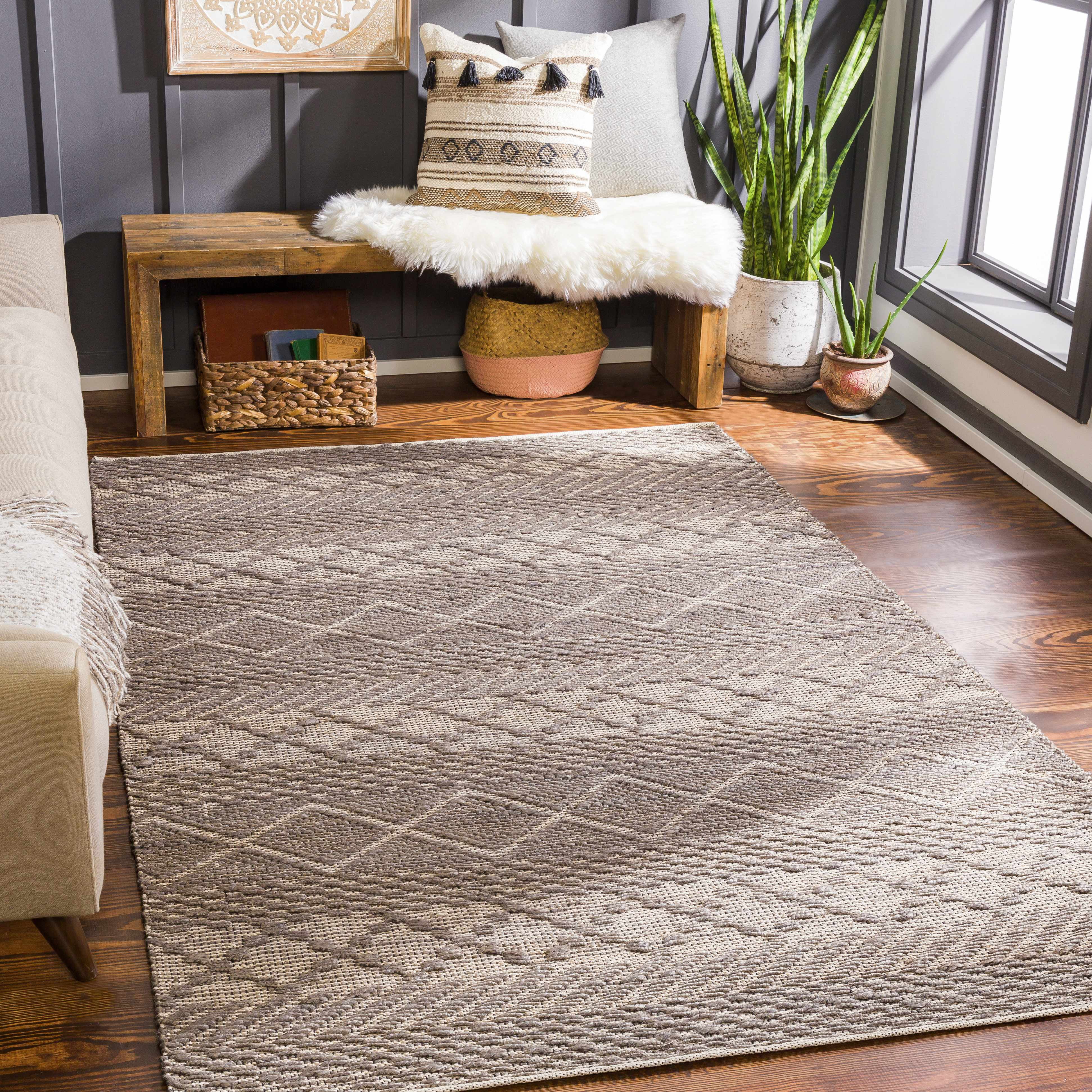 Hauteloom Abuyon Jute Living Room, Bedroom Area Rug - Bohemian, Transitional - Charcoal, Peach - 8'10" x 12'
