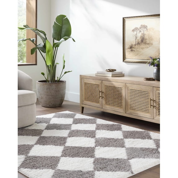 Hauteloom Achaia Living Room, Bedroom Area Rug - Contemporary - Plush Pile - Ivory, Dark Gray - 6'7" x 9'