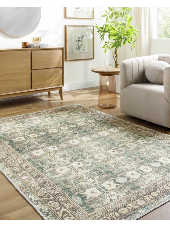 Yqfpi Living Room, Bedroom Machine Washable Area Rug - Floral Border Distressed - Traditional Oriental Transitional - Green, Cream, Beige - 8'10" x 12'