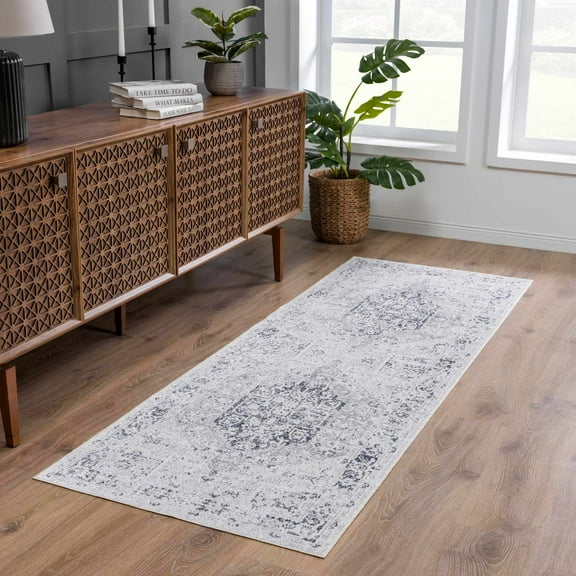 Hauteloom Akram Boho Oriental Medallion Runner Rug -Traditional Floral Carpet for Hallway, Kitchen - Machine Washable - Gray, Charcoal, Cream - 2'7" x 10'