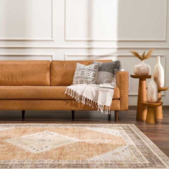 Hauteloom Albas Living Room, Bedroom Machine Washable Area Rug - Farmhouse - Light Brown, Dark Brown, Light Blue - 9'2" x 11'9"