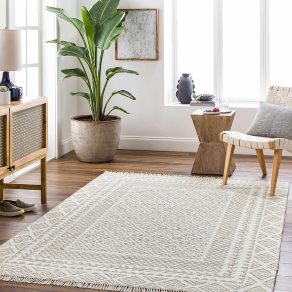 Hauteloom Albus Wool Living Room, Bedroom Area Rug - Bordered - Boho, Bohemian Carpet - Modern Farmhouse - Brown, Gray, Beige, Cream - 2' x 3'