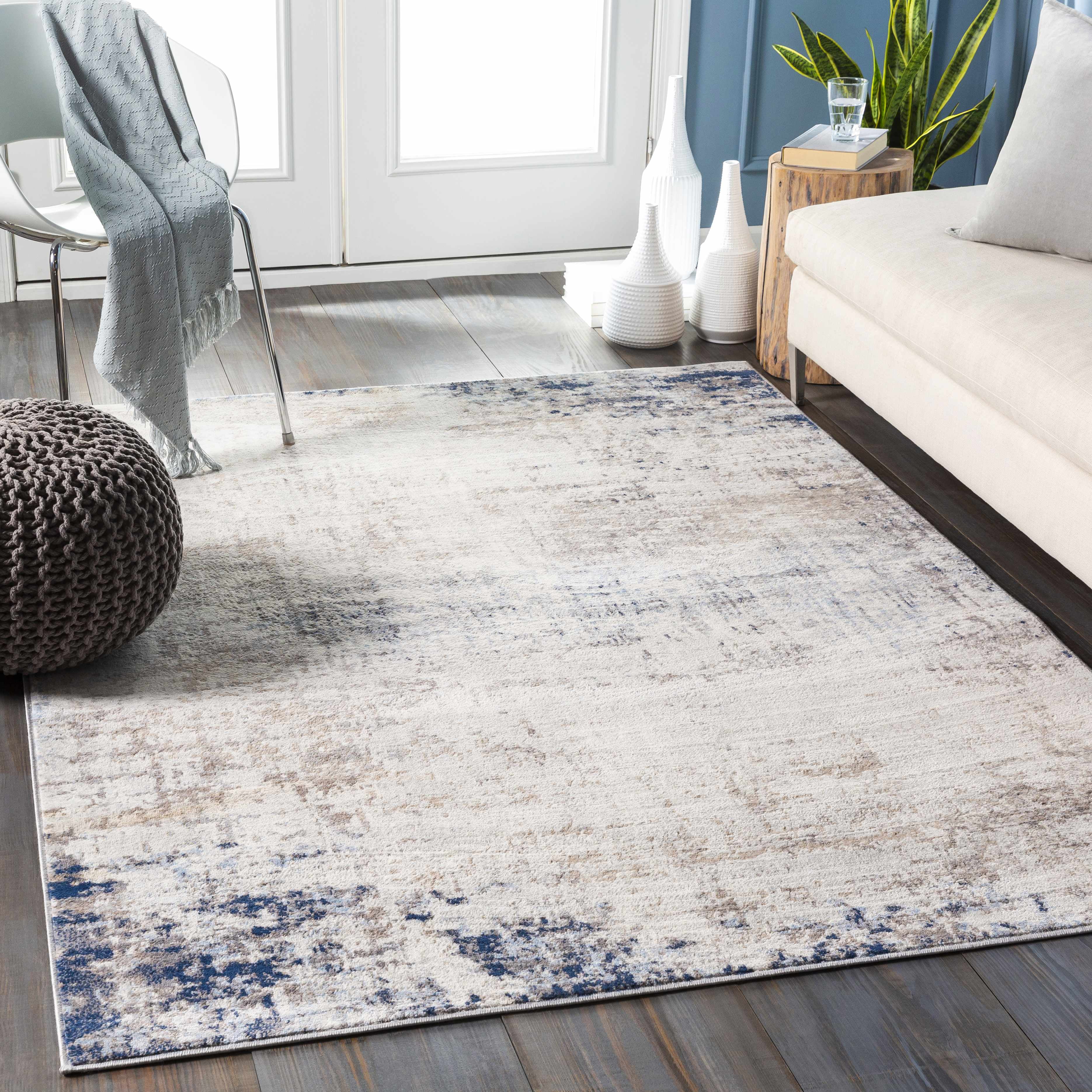 Hauteloom Alcove Contemporary Abstract Living Room Bedroom Dining Room Area Rug - Modern Distressed Carpet - Blue, Gray, Beige, Cream, Brown - 2' x 3'