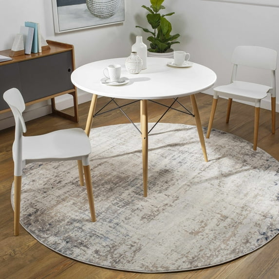 Hauteloom Alcove Contemporary Abstract Living Room Bedroom Dining Room Area Rug - Modern Distressed Carpet - Blue, Gray, Beige, Cream, Brown - 6'7" Round