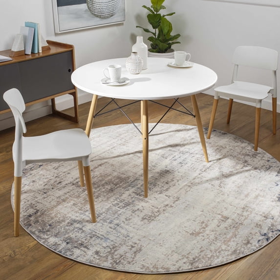 Hauteloom Alcove Contemporary Abstract Living Room Bedroom Dining Room Area Rug - Modern Distressed Carpet - Blue, Gray, Beige, Cream, Brown - 7'10" Round